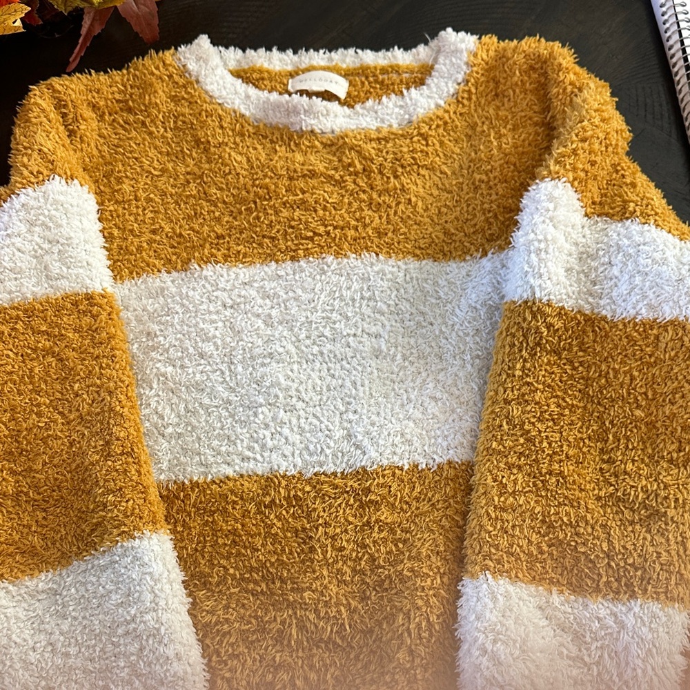 MELLODAY Mustard Yellow and White Striped Fuzzy Crewneck Sweater